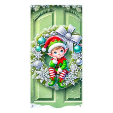 Imagem de BlissYard Capa de porta de Natal, guirlanda de 188 x 89 cm com elfo alegre e flocos de neve, arte festiva de inverno para decoração de porta de entrada interna e externa, decoração de portas de Natal