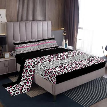 Imagem de Feelyou Jogo de lençol solteiro com estampa de leopardo rosa, estampa de zebra, com bolso alto, para crianças, meninos e meninas, rosa e preto, 3 peças
