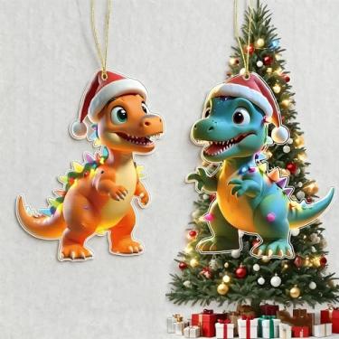 Imagem de 2 peças de enfeites de Natal para pendurar dinossauros – Dinossauro de fantasia com chapéus de Papai Noel, ideal para árvore de Natal e decoração interna de casa, presentes de Natal e troca de
