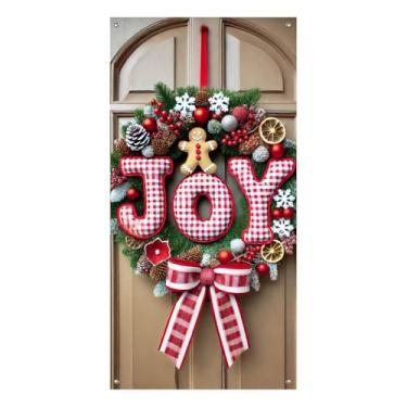 Imagem de BlissYard Capa para porta de Natal, 99 x 188 cm, faixa de alegria, decoração de pão de gengibre, para entrada frontal, laço xadrez vermelho, pendurar na parede para decoração de varanda interna