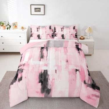 Imagem de Feelyou Conjunto de cama rosa macio para meninos e meninas, arte abstrata enferrujada, tamanho Queen, geométrico, moderno, chique, edredom de microfibra para decoração de quarto de fazenda, 3 peças