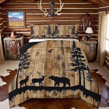 Imagem de Feelyou Conjunto de edredom King para caça de veados, urso, vida selvagem, casa de fazenda ocidental, retrô, vintage, prancha de madeira, estampa florestal, edredom para decoração de quarto
