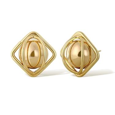 Imagem de Brincos femininos geométricos banhados a ouro 18 K - Brincos minimalistas de gaiola de esfera 3D - Joias modernas e modernas para uso diário e ocasiões especiais, Medium, Latão, Sem pedra preciosa