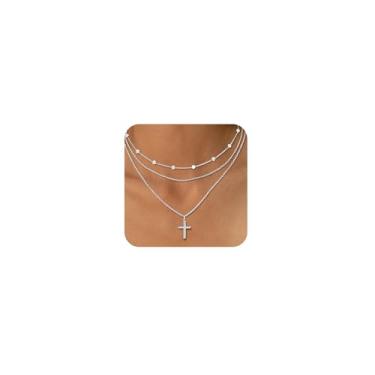 Imagem de SUFOPE Conjunto de colares femininos com cruz de ouro em camadas, empilháveis, volumosos, banhados a ouro 14 K, com pingente de zircônia cúbica, gargantilha delicada, joias religiosas, presentes