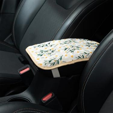 Imagem de Flores bordadas brancas lindas margaridas carro apoio de braço tapete de caixa de armazenamento, capa de console central de carro bordada, acessórios de proteção interior para a maioria dos veículos
