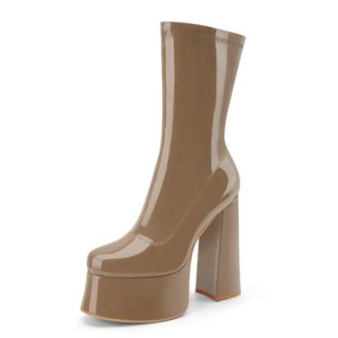 Imagem de Perisis Bota feminina de cano curto com plataforma GoGo, salto alto, redondo, com zíper, de couro, cano médio, para festa rave, Patente marrom, 38