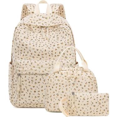 Imagem de Mochila Escolar BTOOP Floral Bege em Veludo Cotelê para Adolescentes