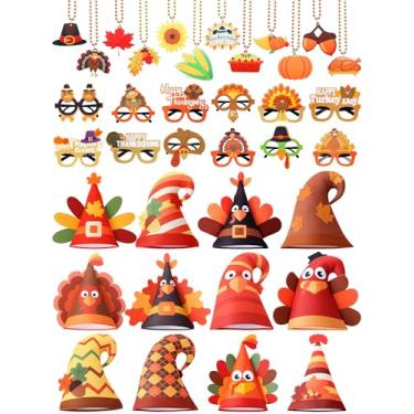 Imagem de ShinyMatch Conjunto de 36 peças de lembrancinhas de festa de peru de peru de feltro de peru colar de óculos de sol para cosplay e festas, adereços multicoloridos