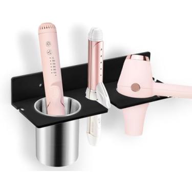 Imagem de Bollmisde Suporte de parede para secador de cabelo, organizador de ferramentas de cabelo com copos de aço resistentes ao calor, suporte acrílico para secador de cabelo, adesivo ou parafuso para