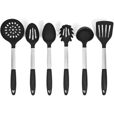 Imagem de Bizanzzio Conjunto de utensílios de cozinha de aço inoxidável e silicone em utensílios de cozinha pretos