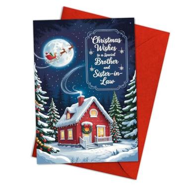 Imagem de Cartão de desejos de Natal para um irmão especial e cunhada – Design aconchegante de chalé de inverno com trenó de Papai Noel, linda saudação de feriado para a família, cartão de Natal festivo com