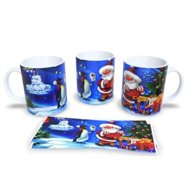 Imagem de Caneca de Cerâmica Natalina, 325ml, Design com Papai Noel na Chaminé, Fundo Azul com Flocos de Neve, Ideal para Bebidas Quentes (6)