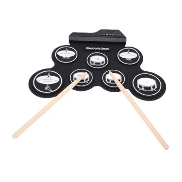 Imagem de Fockety Bateria elétrica, alto-falante integrado, 5 tons, 8 músicas de demonstração, bateria eletrônica portátil com baquetas, pedal, entrada MP3, enrolável para crianças iniciantes