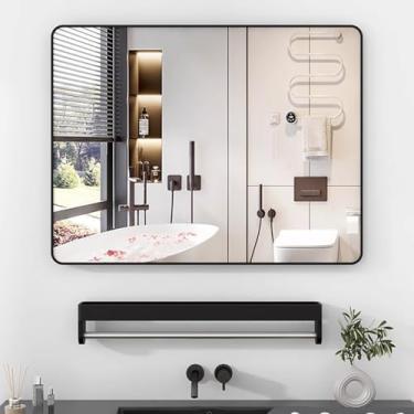 Imagem de xixi-home Espelho de banheiro 59,9 x 80 cm Espelho de parede retangular emoldurado de metal moderno decorativo espelho de vaidade de canto quadrado espelho de fazenda (preto-quadrado)