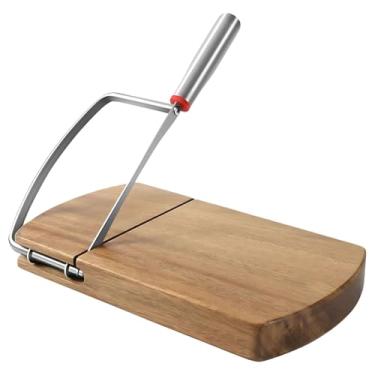 Imagem de Cortador de queijo de madeira de acácia com cabo ergonômico, ferramenta de corte de fio de metal, base antiderrapante, perfeito para queijo, presunto e frutas, vem em uma caixa de presente elegante
