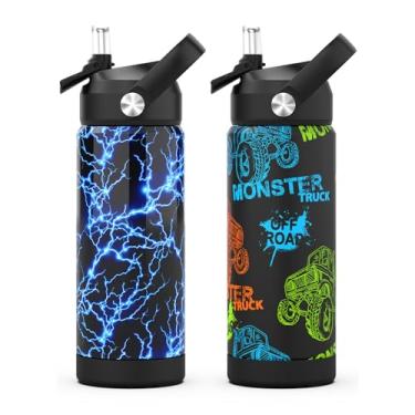 Imagem de Garrafa de água infantil com canudo, copos isolados de aço inoxidável à prova de vazamento para escola, esporte e viagem (pacote com 2, Lightning + Monster Trucks)