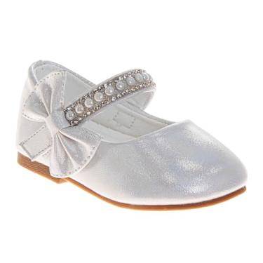 Imagem de Josmo Sandália infantil feminina sola macia First Walker sapato social laço flor tira, Branco, 5 Toddler