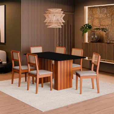 Imagem de Kit Mesa Jantar Santiago 160 Com Tampo De Vidro E 6 Cadeiras Cinamomo/preto/nevoa Boucle