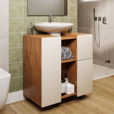 Imagem de Gabinete Armario Banheiro Pia De Coluna Macau Com Rodízios Nature perola