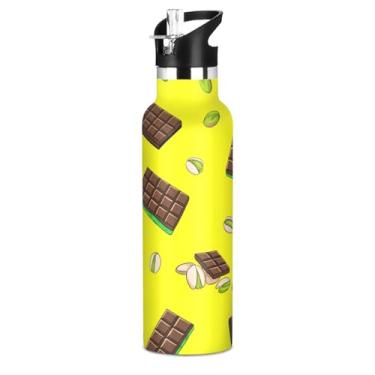 Imagem de ATTX Garrafa de água de barras de chocolate com tampa de palha, copo de aço inoxidável de 590 ml, copo isolado para viagens, ao ar livre #415