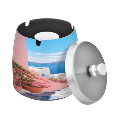 Imagem de Blueangle Cinzeiro romântico Villagecore com tampa para cigarros, à prova de vento/chuva, aço inoxidável, sem fumaça, inodoro, cinzeiro para uso interno ou externo (200)