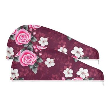 Imagem de SEHANY Toalha de cabelo de microfibra Elegant Roses para mulheres, 2 peças, turbantes de cabelo de secagem rápida com botão, touca de cabelo seco absorvente toalha de secagem de cabelo para cabelos
