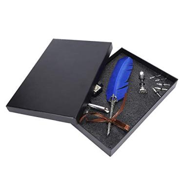 Imagem de Conjunto de canetas de pena Caneta de mergulho para escrita de penas Presente vintage de caligrafia antiga para alunos Professores Escritores com 5 pontas de reposição Suporte (Azul)