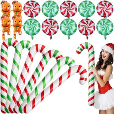 Imagem de Leyndo Conjunto de 20 peças de decorações infláveis de Natal para bengalas de doces de 99 cm jumbo de Papai Noel de 45 cm, balão de pirulito e pão de gengibre para festa, decoração de piscina