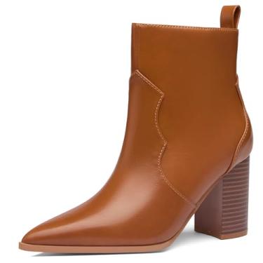 Imagem de SICARE Botas femininas de bico fino, salto grosso, 8 cm, salto grosso, salto bloco, zíper lateral, recortado, moderno, elegante, para encontros em festas de trabalho, Marrom, 41