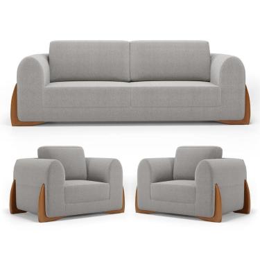 Imagem de Kit 02 Poltronas E 01 Sofá Bloom 180cm 02 Lugares Com Pés De Madeira Bouclê Cinza - Abmaza