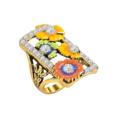 Imagem de Simpleasure Boho Anel feminino quadrado de flor verde esmaltado anel de ouro grosso não manchado CZ hipoalergênico feriado moderno tamanho 6-10 presentes para ela, Metal, Sem pedra preciosa