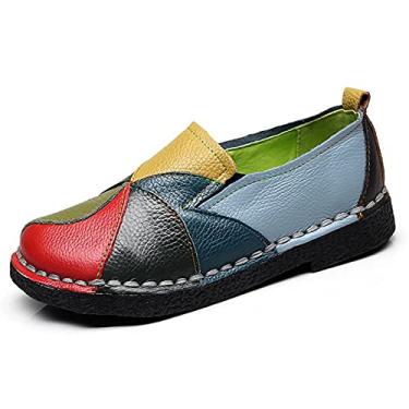 Imagem de Trsorini Sapatos Femininos Casuais, Mocassins Confortáveis, Sem Cadarço, Sola Macia, Salto Baixo, Costura Multicolorida, Couro, Vestido Para Dirigir E Caminhar, Verde, Tamanho 7