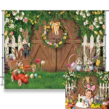 Imagem de Cenários de Páscoa primavera para fotografia LFEEY 3 x 2,4 m Coelhinho da Páscoa Rústico Porta de Madeira Verde Deixe Wattled Wall Grass Floral Rabbit Background Festa de Aniversário Crianças Menina Retrato Foto Adereços