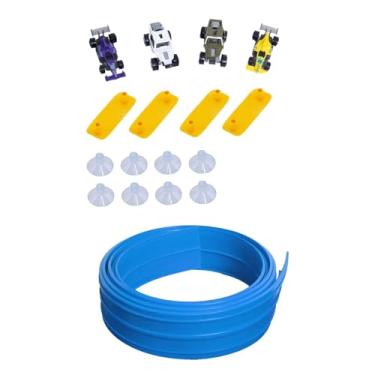 Imagem de menolana Pista de corrida flexível para carros, 4 metros, portátil, leve, com ventosa, versátil e dobrável, com 4 miniaturas de carros. Brinquedo para