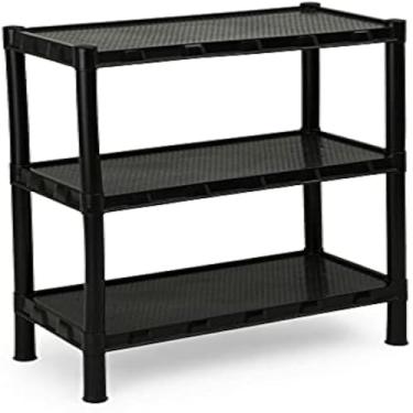 Imagem de Prateleira vertical de armazenamento com tres niveis, branca e minimalista,elegante.