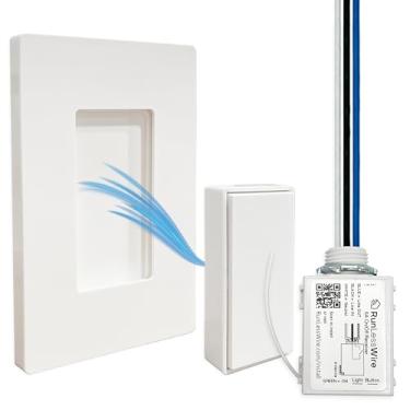 Imagem de RunLessWire Kit de interruptor de luz sem fio de polo único destacável sem bateria de 45,7 m alcance RF para projetos elétricos domésticos faça-você-mesmo: 1 controle remoto magnético removível 1