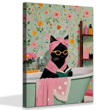 Imagem de Arte de parede em tela de banheiro de gato preto, pôsteres de arte emoldurados de animais vintage impressões de pintura de gato infantil banheiro decorações de casa de banho 30 x 40 cm