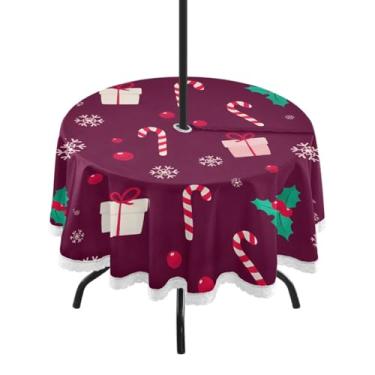 Imagem de Qilmy Toalha de mesa redonda à prova d'água de 152 cm com orifício para guarda-chuva e zíper – Uso externo / interno resistente para pátio, churrascos, piqueniques, festas (serve para mesas circulares