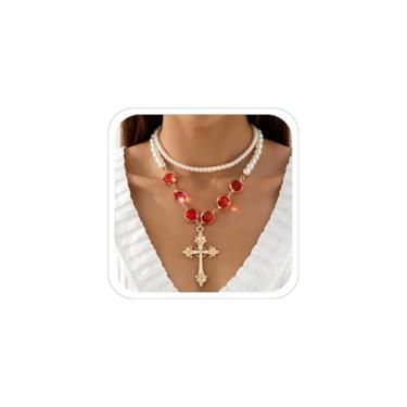 Imagem de Colares góticos de cristal vermelho para mulheres, colar de cruz, colar de vampiro, gargantilha gótica empilhada, acessórios, joias vintage, presentes de Natal, Adjustable, Vidro, Sem Pedra Preciosa
