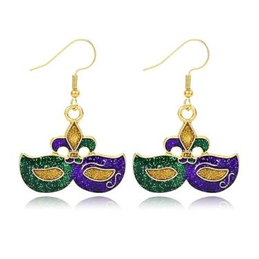 Imagem de Brincos femininos de carnaval com glitter, máscara esmaltada, chapéu de palhaço, brincos roxos pendurados delicados e fofos brincos de carnaval, joias de carnaval para mulheres, Medium, Metal, Sem