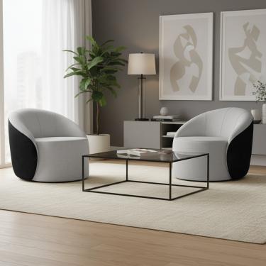 Imagem de Poltrona Sala Orgânica Kit 2 Lua Fixa Sintético PU Preto/Linho Cinza D03 - D'Rossi