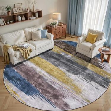 Imagem de Ciicool Tapete redondo lavável de 2,4 m, tapetes circulares abstratos modernos, antiderrapante, fino, leve, amarelo, cinza, estampa circular, tapete envelhecido para quarto, sala de estar, embaixo da