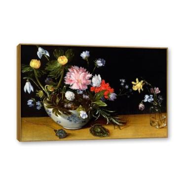 Imagem de NHLDZYH Moldura de teca. Impressão de flores vintage rústica, arte de parede em tela emoldurada floral clássica, decoração de cozinha de fazenda, pronta para pendurar. A45. 50 x 75 cm