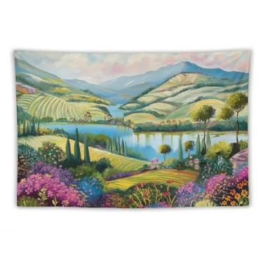 Imagem de Tapeçaria de parede floral de cacto rosa montanha deserto decoração boho ocidental arte cênica vibrante para sala de estar quarto pátio brincalhão rústico acento pendurado cena colorida 60 x 90