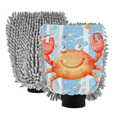 Imagem de ODAWA Luva de microfibra para lavagem de carro, desenho animado bonito caranguejo vermelho luva de lavagem de carro sem arranhões 2 pacotes 18 cm x 26 cm