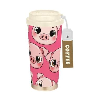 Imagem de TSENQUE Caneca de café de viagem 40 ml com revestimento cerâmico, copo de café de aço inoxidável com canudo e tampa, copo isolado a vácuo, fofo desenho animado rosa porco