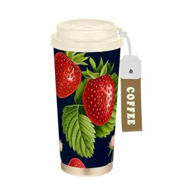 Imagem de TSENQUE Copo de café 473 ml, copo de café com revestimento cerâmico com canudo e tampa, copo isolado a vácuo de aço inoxidável, desenho animado morangos rosa floral