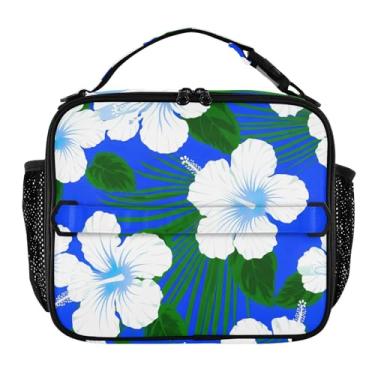 Imagem de Joisal Lancheira azul com folhas de hibisco branco para mulheres, meninas, lancheira masculina e infantil, lancheira para trabalho, bolsa térmica para alimentos portátil para escola