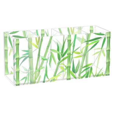 Imagem de TSENQUE Porta-lápis de acrílico branco com folhas verdes de bambu personalizado para mesa, suporte de pincel, caneta, escritório, estética, suprimentos de mesa