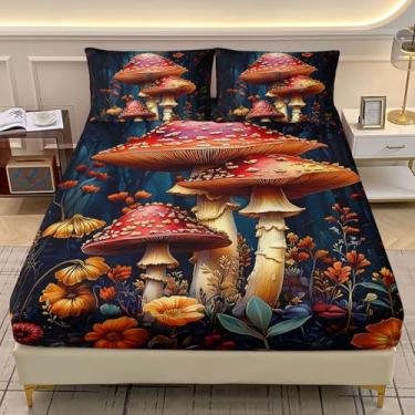 Imagem de AILONEN Jogo de lençol Queen com estampa floral, cogumelo vermelho, botânico, floresta, natureza, fungo selvagem, estampa botânica + 2 fronhas